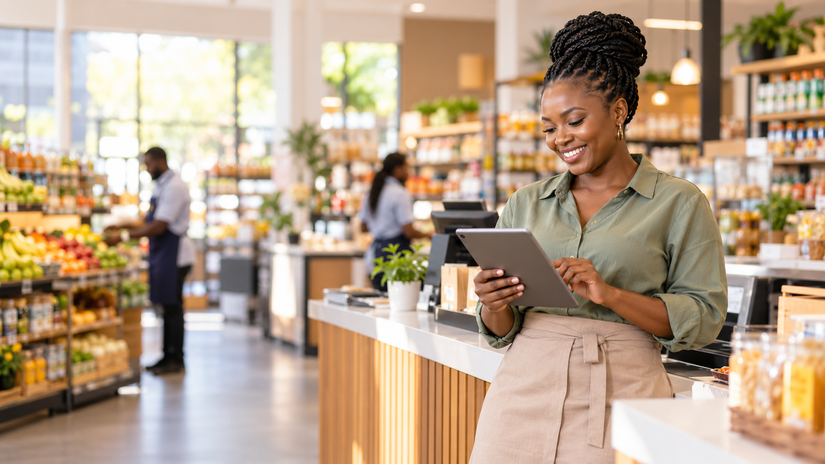 Happy retail business owner using a dashboard in her supermarket
