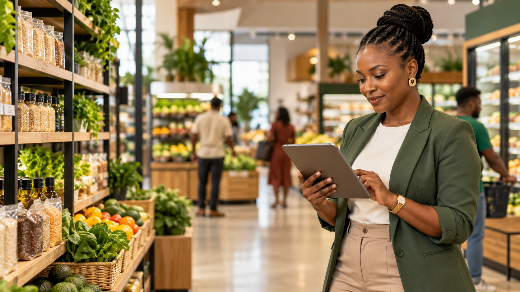Retail business owner reviewing stock on a tablet in her supermarket